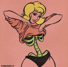 a drawing of a woman with blonde hair and green eyes wearing a brown top, black shorts and heels