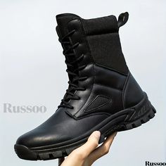 Russoo - Professional Mens High Top Tactical Work Boots: Waterproof, Non-Slip, and Durable Footwear for Outdoor Hiking and Work Activities Wear-resistant Tactical Combat Boots For Outdoor, Techwear Combat Boots For Outdoor With Shock Resistance, Techwear Combat Boots, Shock Resistant For Outdoor, Techwear Shock Resistant Combat Boots For Outdoor, Wear-resistant Techwear Combat Boots For Outdoor, Techwear Combat Boots For Outdoor Activities, Techwear Combat Boots For Outdoor, Military Style Durable Waterproof Boots For Outdoor Work, Military Waterproof Boots For Outdoor Work