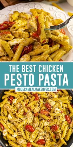 Chicken pesto pasta in a skillet with freshly shredded parmesan cheese. Chicken Pesto Tomato Pasta, Pesto Pasta With Tomatoes And Mozzarella, Chicken Basil Pesto Pasta Recipes, Chicken Pesto Pasta With Tomatoes, Chicken Pasta With Cherry Tomatoes, Recipes With Mozzarella Pearls, Recipes With Basil Pesto, Mozzarella Pearls Recipes, Pesto Chicken Pasta Recipes