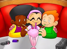 three cartoon characters sitting at a table with a drink in front of them, one drinking from a straw