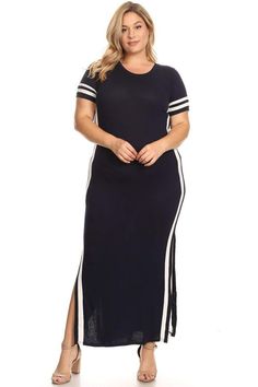 PRICES MAY VARY. Look awesome while feeling good no matter if you are super tall or adorably petite; if you're a tomboy or ultra-fem kind of woman. Our athletic-striped short sleeve maxi dress is a fun, flirtatious garment that skims your curves. This quality garment at a cheap cost comes in a wide range of colors: black, burgundy, navy, hunter green, charcoal, pink, and mustard yellow. It stretches as you move, and the mid-thigh double side slits allow for increased range of movement. This dres Black Dress With Leggings, Pink And Mustard, Maxi Dress Short, Plus Size Looks, Short Sleeve Maxi Dress, Striped Maxi Dress, Short Sleeve Maxi Dresses, Striped Maxi, Sleeve Maxi Dress