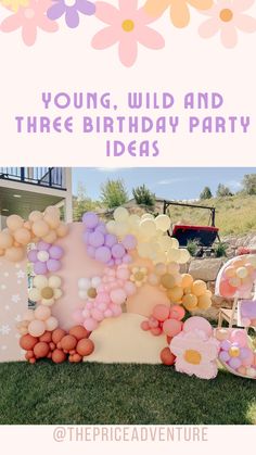 an outdoor birthday party with balloons and flowers on the grass, text overlay reads young wild and three birthday party ideas