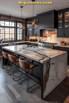 a kitchen with marble counter tops and bar stools next to an island in the middle