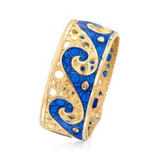 Ross-Simons - Italian 14kt Yellow Gold Wave Ring with Blue Enamel. Size 6. The ocean's beauty is illustrated in blue enamel on an openwork band of polished 14kt yellow gold. Made in Italy. 3/8" wide. 14kt yellow gold wave ring. Textured Gold Ring, Diamond Ring Cuts, Gold Wave Ring, Rose Gold Texture, Triple Hoop Earrings, Gold Waves, Bar Pendant Necklace, Yellow Gold Bangle, Bow Ring