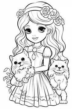 a girl with two cats and a cat in her hand coloring pages for kids, printable