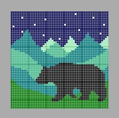 a cross stitch pattern with a bear walking in the grass at night, and mountains behind it