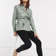 mint green button through shacket with tie waist detail pocket front leather shacket faux leather longline shacket shirt with belt womens button front faux pu leather jacket shacket casual-shirt long sleeve leather blazer coat belted #leathercoat #leatherjacket #shacket #leathershacket #belted #tiewaist #mintgreen Green Leather Jacket For Work With Long Sleeves, Green Leather Jacket With Pockets For Work, Trendy Green Leather Jacket For Work, Green Leather Jacket With Pockets For Spring, Green Collared Shacket For Work, Chic Green Leather Jacket For Work, Shirt With Belt, Leather Shacket, Leather Shirt Jacket