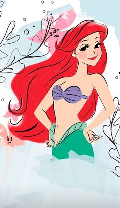 the little mermaid is standing in front of some leaves and flowers, with her long red hair