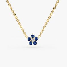 14k Sapphire and Diamond Flower Charm Necklace Blue Sapphire Pendant, Flower Charm Necklace, Round Sapphire, Dope Jewelry, Sapphire Pendant, Diamond Flower, Diamond Color, Stylish Jewelry, Fine Jewellery Necklace