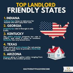 an american flag with the words top land lord friendly states on it and two houses