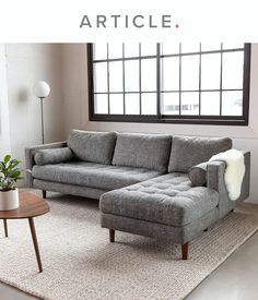 a living room with a gray couch and white rug