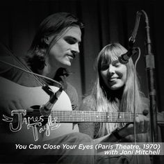 a man and woman are playing guitars in front of a microphone with the caption you can close your eyes paris theatre, 1970