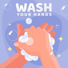 two hands washing each other with soap bubbles and stars in the sky behind them text reads wash your hands