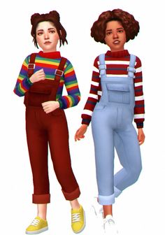 two animated women standing next to each other wearing overalls and striped sweaters,