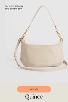 Buttery soft, perfectly slouchy and entirely timeless, our Italian Leather Convertible Crescent Shoulder Bag is the perfect style to add into your rotation. And the goes-with-anything piece (crafted from 100% Italian leather) features two detachable straps, allowing you to mix it up by wearing atop your shoulder or as a chic crossbody.  | Quince | Women's Italian Leather Convertible Crescent Shoulder Bag in Taupe Silk Pajamas Shorts, Italian Bags, Everyday Purse, Leather Biker Jacket, Perfect Style, Quince, Italian Leather, Crescent, Soft Leather