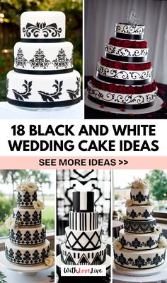 black and white wedding cake ideas with red roses on the top, in three different pictures