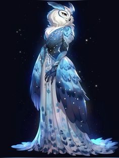 an owl in a blue dress with stars on it