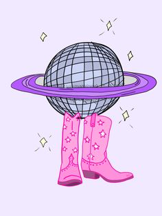 a pair of pink boots standing in front of a purple ball with stars on it