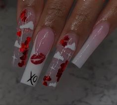 Long Coffin Valentines Day Nails, Black Vday Nails Acrylic, Valentines Day Nails Cupid, Valentine’s Day Baddie Nails, Boujee Valentines Nails, Red Bottom Valentine Nails, Valentines Day Nails Designs Red, Pink Red And White Nails Valentines Day, Valentine’s Day Acrylics