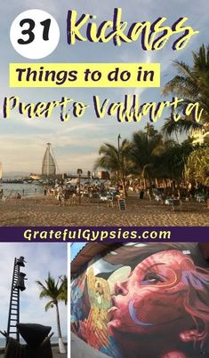 the beach with palm trees and colorful murals