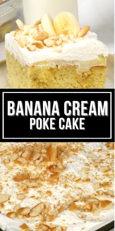 a banana cream poke cake on a plate with the words, banana cream poke cake