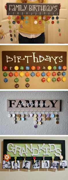 three different pictures with the words happy birthday and family hanging on each one's wall