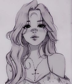 a drawing of a girl with long hair and an eye patch on her forehead, looking at the camera