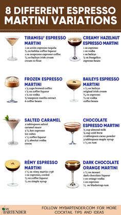 Espresso Martini Variations Different Cocktail Glasses, The Perfect Martini Guy Buffet, The Making Of The Perfect Martini, Different Espresso Martini, Espresso Liqueur Cocktails, Nespresso Espresso Martini Recipe, Espresso Martini Brownies, Espresso Martini Popsicle, Fall Expresso Martini