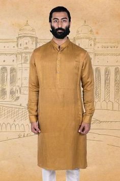 Shop for Rohit Kamra Jaipur Yellow Linen Silk Kurta Set for Men Online at Aza Fashions Yellow Cotton Sherwani Straight Kurta, Yellow Cotton Straight Kurta Sherwani, Kurtha Designs For Men Yellow, Kunal Rawal Menswear Kurta, Yellow Naqshi Kurta, Churidar, Pin Tucks, Mustard Yellow, Cotton Silk