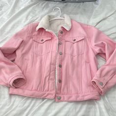 Never Worn, Really Warm In The Inside. Oversized Pink Denim Jacket With Long Sleeves, Oversized Pink Long Sleeve Denim Jacket, Pink Casual Denim Jacket For Winter, Casual Pink Denim Jacket For Winter, Pink Male Outfit, Shein Jackets, Neon Outfits, White Denim Jacket, Suede Fringe Jacket