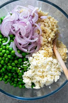 peas, onions, and other ingredients in a glass bowl