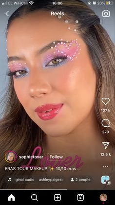 Makeup Ideas For Taylor Swift Concert, Taylor Swift Lovers Makeup, Sequin Eras Tour Outfit, Lover Eras Tour Hair, Lovers Era Makeup