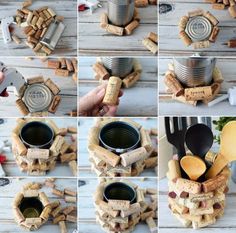 there are many different pictures of wine corks in the cup and on top of each other