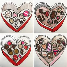 four pictures of hearts with different types of chocolates in them, each shaped like a heart