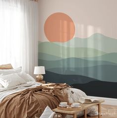 a bed room with a neatly made bed and a large wall mural in the background