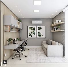 an office with white furniture and gray walls