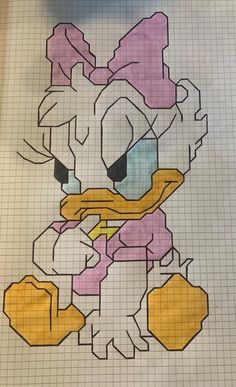 a drawing of a cartoon duck wearing a pink and yellow outfit