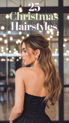 Braid Hairstyles For Party, Long Hair Front Pulled Back, Party Hair Down Styles, Long Hair Evening Hairstyles, Holiday Party Hairstyles For Long Hair, Holiday Long Hairstyles, Christmas Hairstyles Half Up Half Down, Curly Hair Christmas Style, Holiday Bow Hairstyle