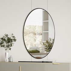 a mirror hanging on the side of a wall next to a vase with plants in it