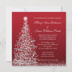 a red and silver christmas tree wedding card