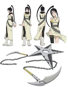 the concept art for person's character sheet, with scissors and chains attached to it