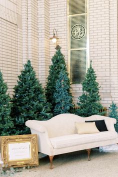 a white couch sitting in front of a christmas tree display