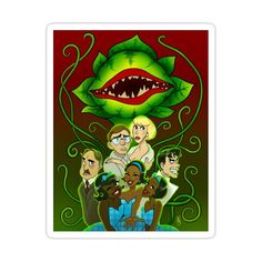 an image of some cartoon characters on a green and red background with the mouth of a monster