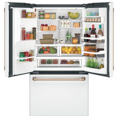 an open refrigerator with food inside on a white background