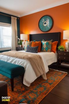 a bedroom with an orange and teal color scheme