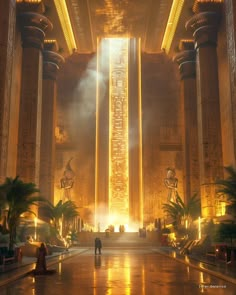 the interior of an ancient egyptian temple with columns and pillars, lights shining down on it