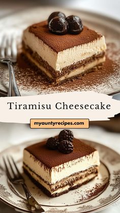 there is a piece of tiramus cheesecake on the plate