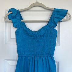 Beautiful Blue Abercrombie Dress! Never Worn And New With Tag. Ruched Sweetheart Neckline Light Blue Sundress With Smocked Back, Light Blue Smocked Back Sundress, Blue Ruched Maxi Dress For Summer, Fitted Blue Dress With Smocked Back, Blue Ruched Summer Maxi Dress, Blue V-neck Midi Dress With Smocked Bodice, Blue Ruched Fitted Sundress, Blue Fitted Ruched Sundress, Blue Sleeveless Mini Dress With Smocked Back