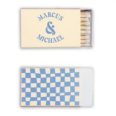 two matches are next to each other on a white background with blue and yellow checkerboard