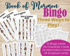 three ways to play the book of mormon's bingo game with four different cards